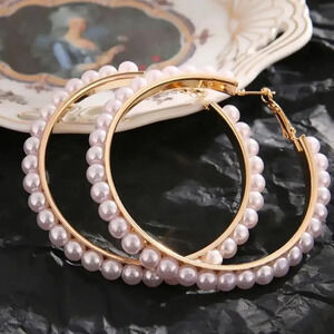 Pearl Hoop  Gold Earrings